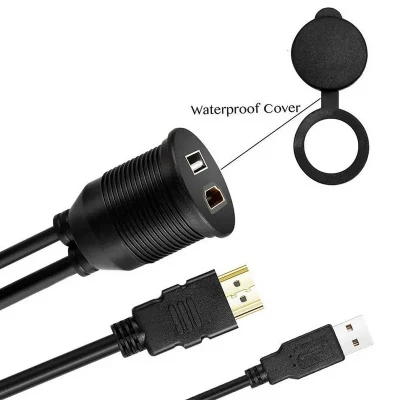 Cabo HDMI USB 2.0 para montagem no painel frontal do carro, cabo de extensão à prova d'água macho para fêmea